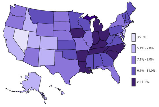 Map of children currently diagnosed with ADHD by state